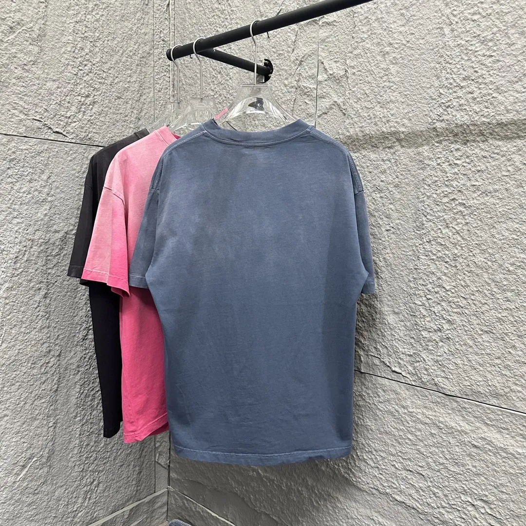 🅿️200 CH Croix Heart 2025 Summer New Style Heavy Acid Washing Gradient Distressing Chest Logo Classic Embroidery Customized Fabric Short Sleeve T-shirt Unisex Size: S M L XL XXL Five Codes (European Code) Color: Gradient Black Gradient Pink Gradient Blue